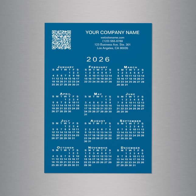 Carte Magnétique Code QR professionnel personnalisé 2026 Calendrier (Custom Business QR Code 2026 Calendar Blue Magnet in situ)