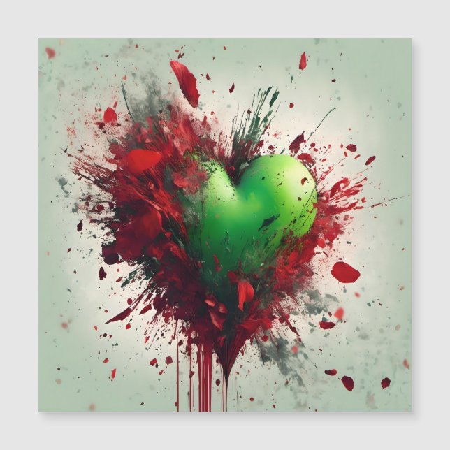 Carte Magnétique Coeur Vert Vibrant Avec Pétales Rouges Éparpillés (Devant)