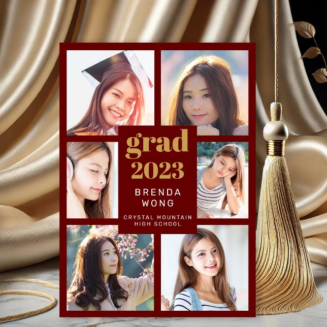 Carte Magnétique Collage de 6 photos de fin d'études en rouge, or e (Modern Maroon Gold Six Photo Graduation Announcement Magnet)