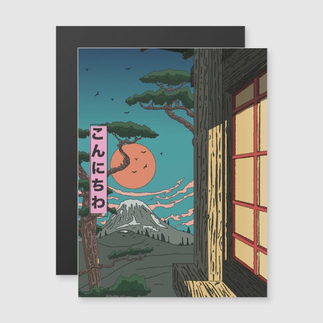 Carte Magnétique Coucher de soleil japonais Konnichiwa (Devant / Derrière)