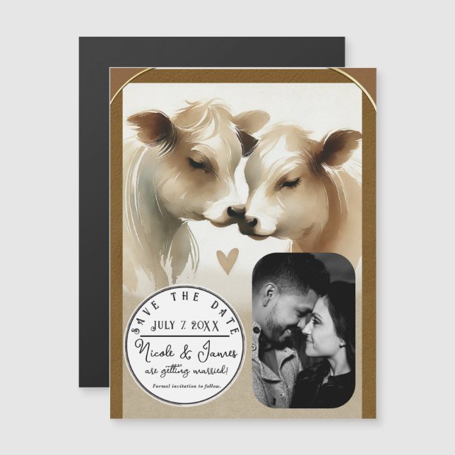 Carte Magnétique Cow Love Brown Cream Mariage campagnard Enregistre (Devant / Derrière)