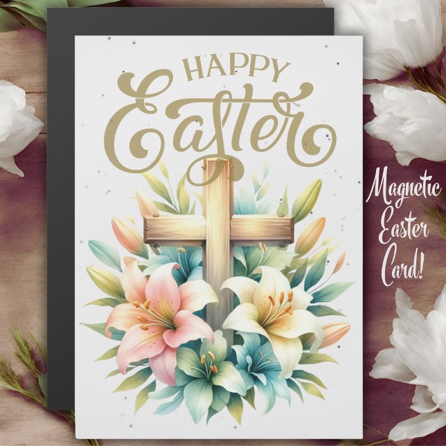 Carte Magnétique Croix en bois avec Lys Custom Christian Pâques (Wooden Cross With Lilies Custom Christian Magnetic Easter Card.)