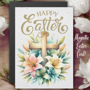 Carte Magnétique Croix en bois avec Lys Custom Christian Pâques