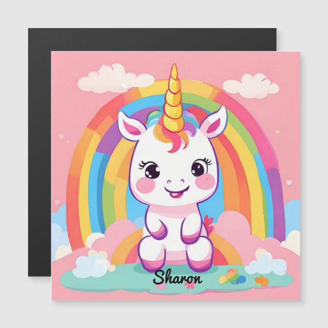 Carte Magnétique Cute Baby Unicorn Arc-en-ciel (Devant / Derrière)