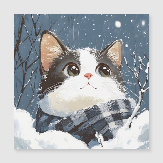 Carte Magnétique Cute cat cozy winter snow (Devant)
