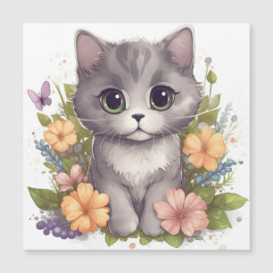Carte Magnétique Cute Grey Kitty avec Fleurs Kawaii Chibi