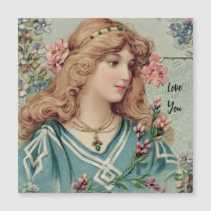 Carte Magnétique Dame victorienne avec fleurs roses dans ses cheveu