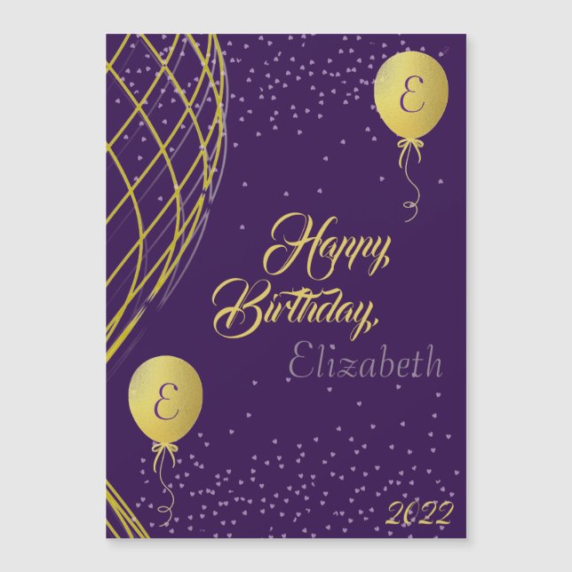Carte magnétique d'anniversaire violet et or heure (Devant)
