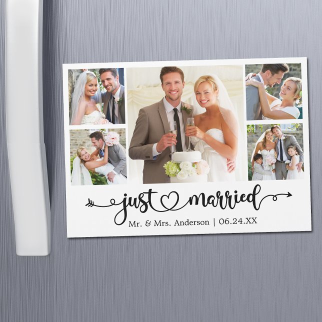 Carte magnétique de calligraphie Cœur Juste mariés (Customize to change your personalized text size or text style.)