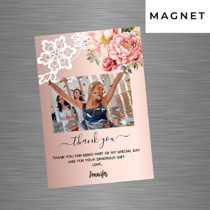 Carte Magnétique dentelle fleurie rose or photo merci aimant