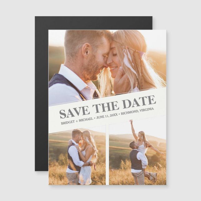 Carte Magnétique Elégant 3 mariage photo Enregistrer la date (Devant / Derrière)