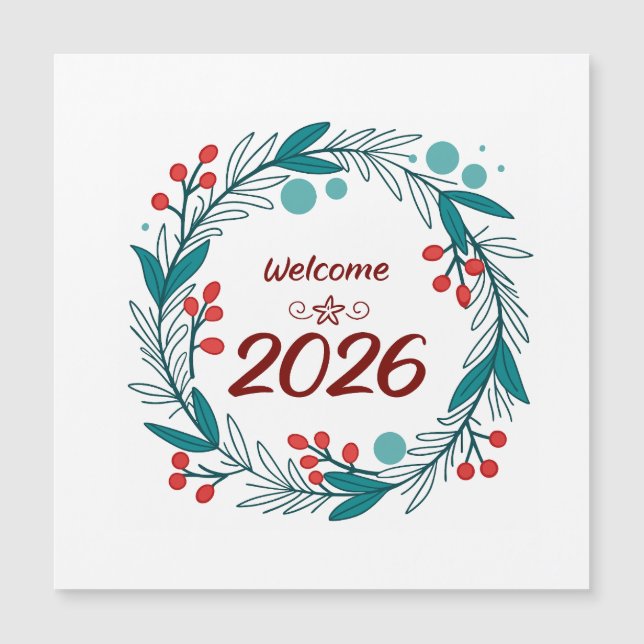 Carte Magnétique Élégant Bienvenue à 2026 - Festive Laurel Wreath (Devant)