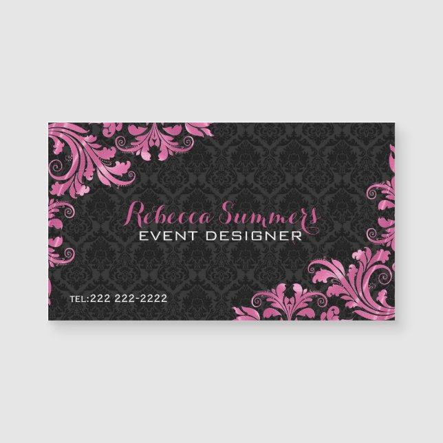 Carte Magnétique Élégant dentelle en métal rose noir Damas (Devant)