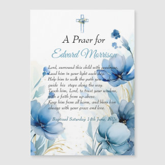 Carte Magnétique Élégant floral Dusty Baptême bleu