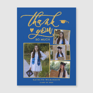 Carte Magnétique Elégant Gold Blue Multi Photo Graduation Merci