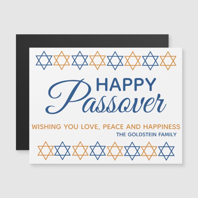 Carte Magnétique Elégant Happy Passover Blue et Gold Star de David (Devant / Derrière)