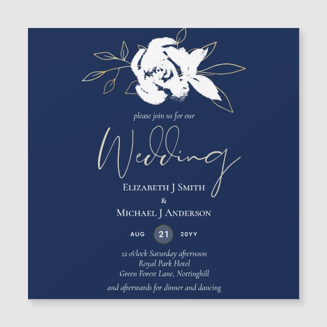 Carte Magnétique Élégant Mariage bleu bleu blanc or de la marine (Devant)