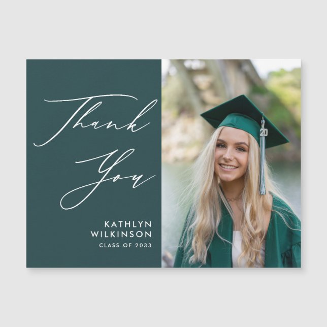 Carte Magnétique Élégant Merci de graduation photo de script vert (Devant)