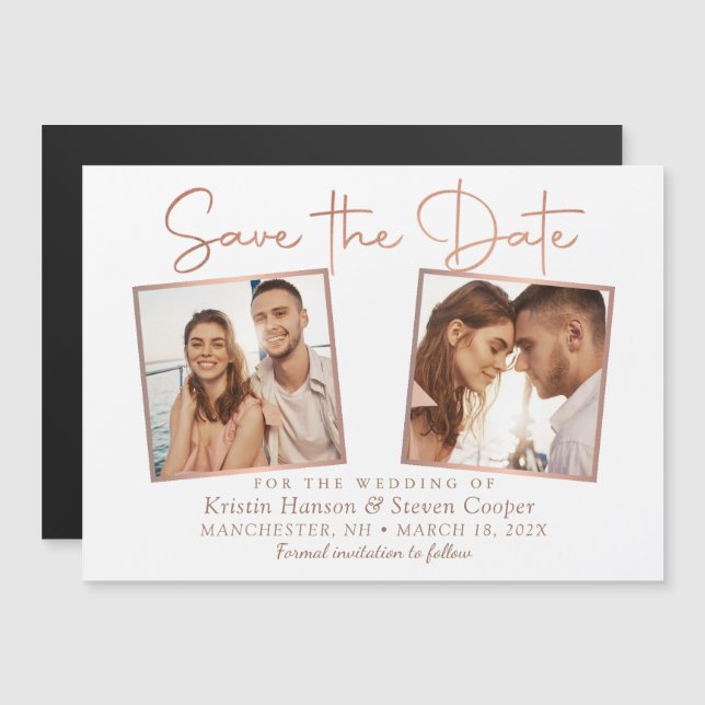 Carte Magnétique Élégant Rose Gold 2 Photo Enregistrer la date Magn (Devant / Derrière)