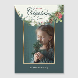 Carte Magnétique Élégante Calligraphie de Noël Joyeux Floral Photo