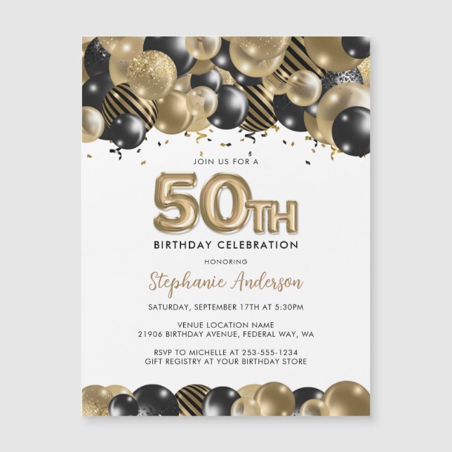 Carte Magnétique Elégante Parties scintillant Noire Or 50e Annivers (Devant)