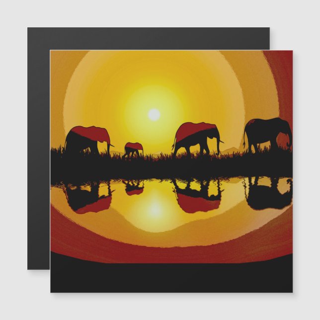 Carte Magnétique Eléphants africains couchés de soleil (Devant / Derrière)