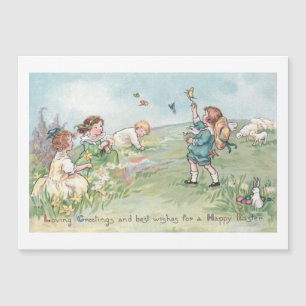 Carte Magnétique Enfants vintages avec agneaux et lapins de Pâques