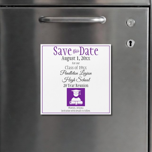 Carte Magnétique Enregistrer la classe de dates Reunion Purple Blac (custom purple and white class reunion save the date magnet)