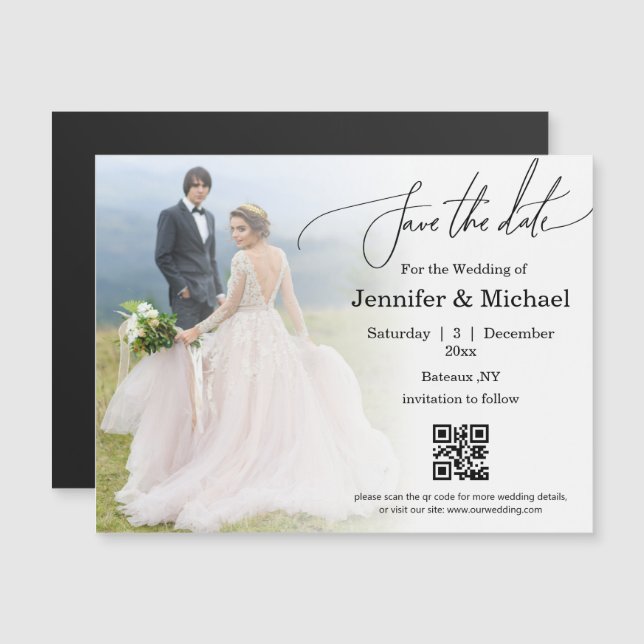 Carte Magnétique enregistrer la date code qr simple mariage photo a (Devant / Derrière)