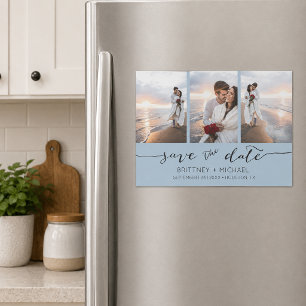 Carte Magnétique Faire part de mariage magnétique trois photos Bleu