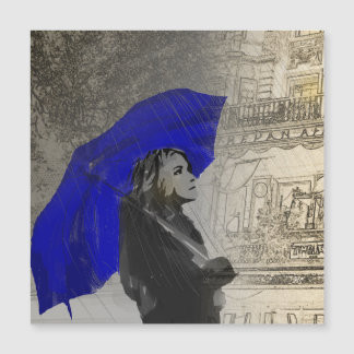 Carte Magnétique Femme avec parapluie sous la pluie