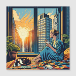 Carte Magnétique Femme regardant par la fenêtre boire du café