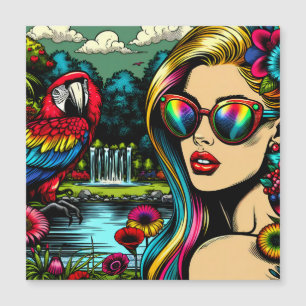 Carte Magnétique Femme Rétro et Perroquet dans le Parc Pop Art