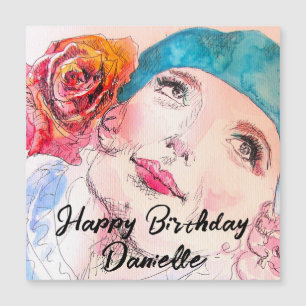 Carte Magnétique Fille avec Rouge Rose Beret Aquarelle Anniversaire