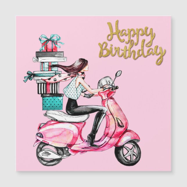 Carte Magnétique Fille sur scooter transportant Présents (Devant)