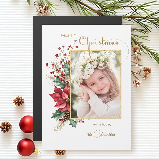 Carte Magnétique Fleur d'hiver élégante Or Joyeux Noël 1 Photo (Créateur téléchargé)