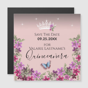 Carte Magnétique Fleurs et papillon Quinceanera Enregistrer la date