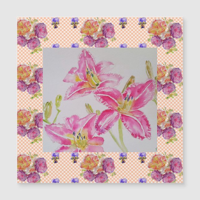 Carte Magnétique Fleurs florales Shabby Chic rose Lily En vichy Ros (Devant)