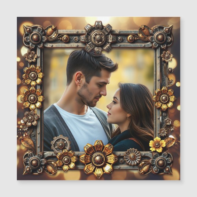 Carte Magnétique Fleurs métalliques Steampunk Photo personnalisée (Devant)