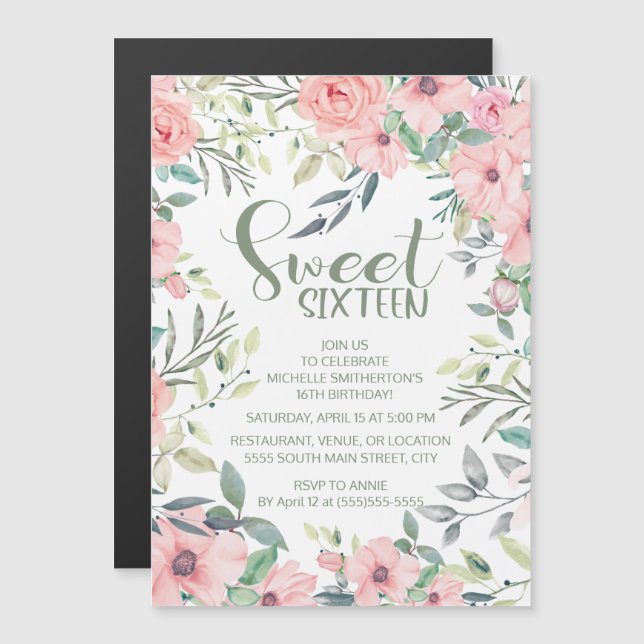 Carte Magnétique Fleurs roses rousses Sage Vert Feuille doux 16 (Devant / Derrière)