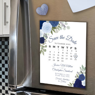 Carte Magnétique Flore bleu rustique Enregistrer la date Calendrier