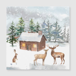 Carte Magnétique Forêt d'hiver, cerf, cabine de billes, lièvre Cart