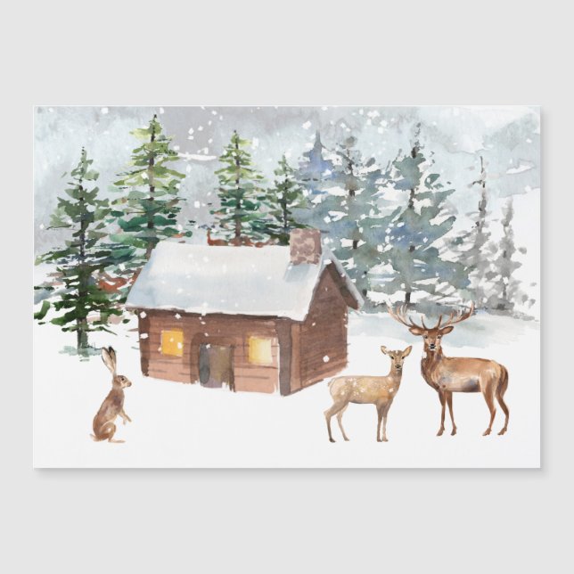 Carte Magnétique Forêt d'hiver, cerf, cabine de billes, lièvre Cart (Devant)