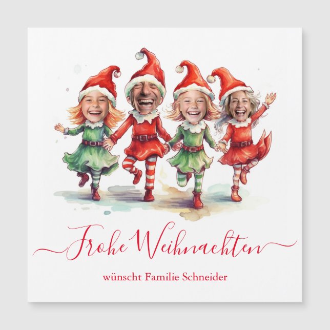 Carte Magnétique Frohe Weihnachten 4 Photos elfes de Noël allemands (Devant)
