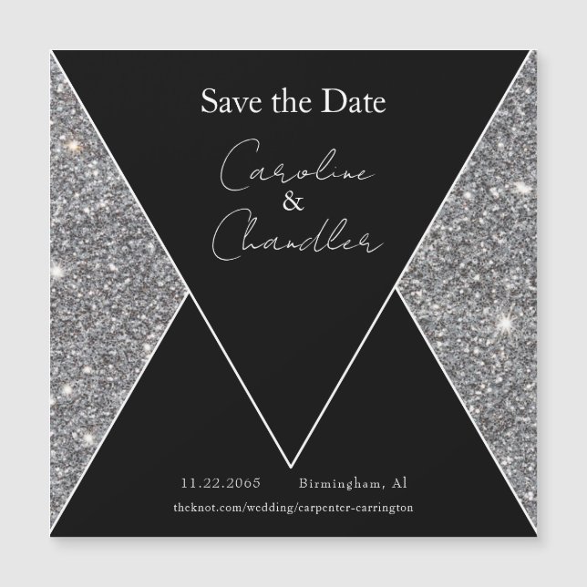 Carte Magnétique Glam Silver & Black Wedding Enregistrer la date Ma (Devant)