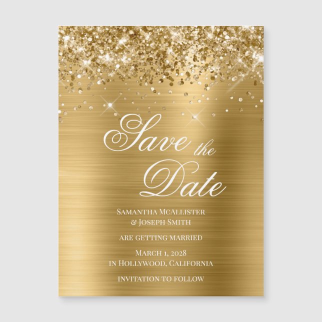 Carte Magnétique Glittery Gold Foil Enregistrer la date (Devant)