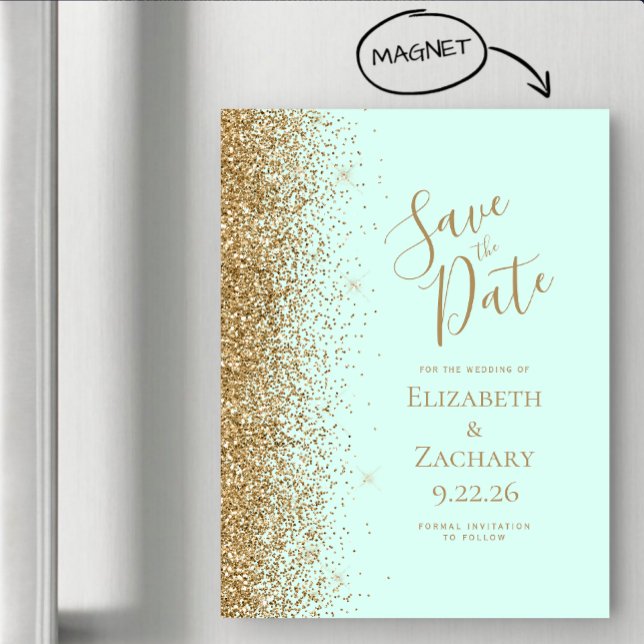 Carte Magnétique Gold Glitter Mint Green Magnetic Save the Date (Créateur téléchargé)