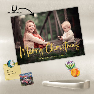 Carte Magnétique Gold Script Joyeux Noël Photo de Noël Magnétique