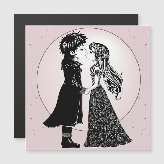 Carte Magnétique Gothique Emo Enfants Kiss Valentine's Day (Devant / Derrière)