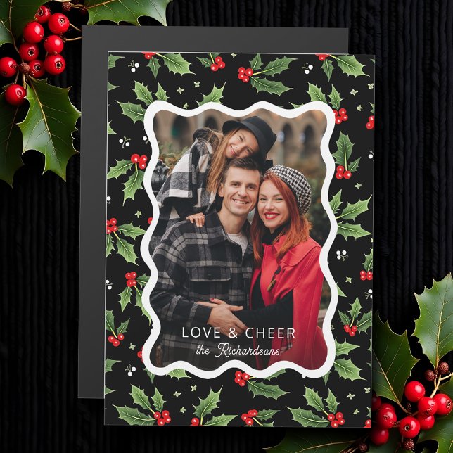 Carte Magnétique Gras Black Christmas Holly Wavy Frame Photo (Créateur téléchargé)